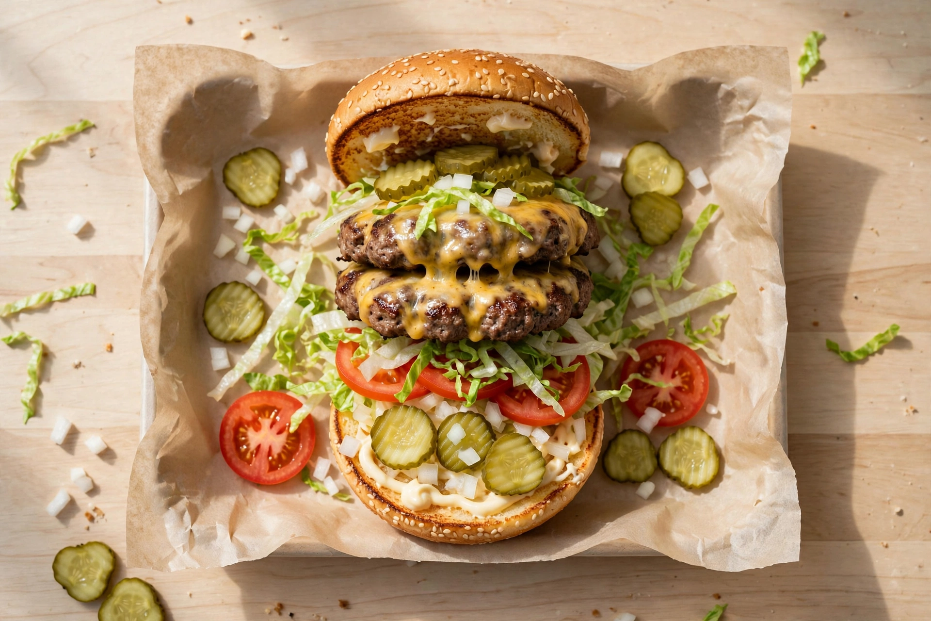 Sonic SuperSONIC Double Cheeseburger flat lay